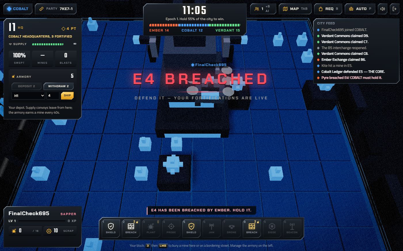 A single block up close, cells revealed with numbers and flags
