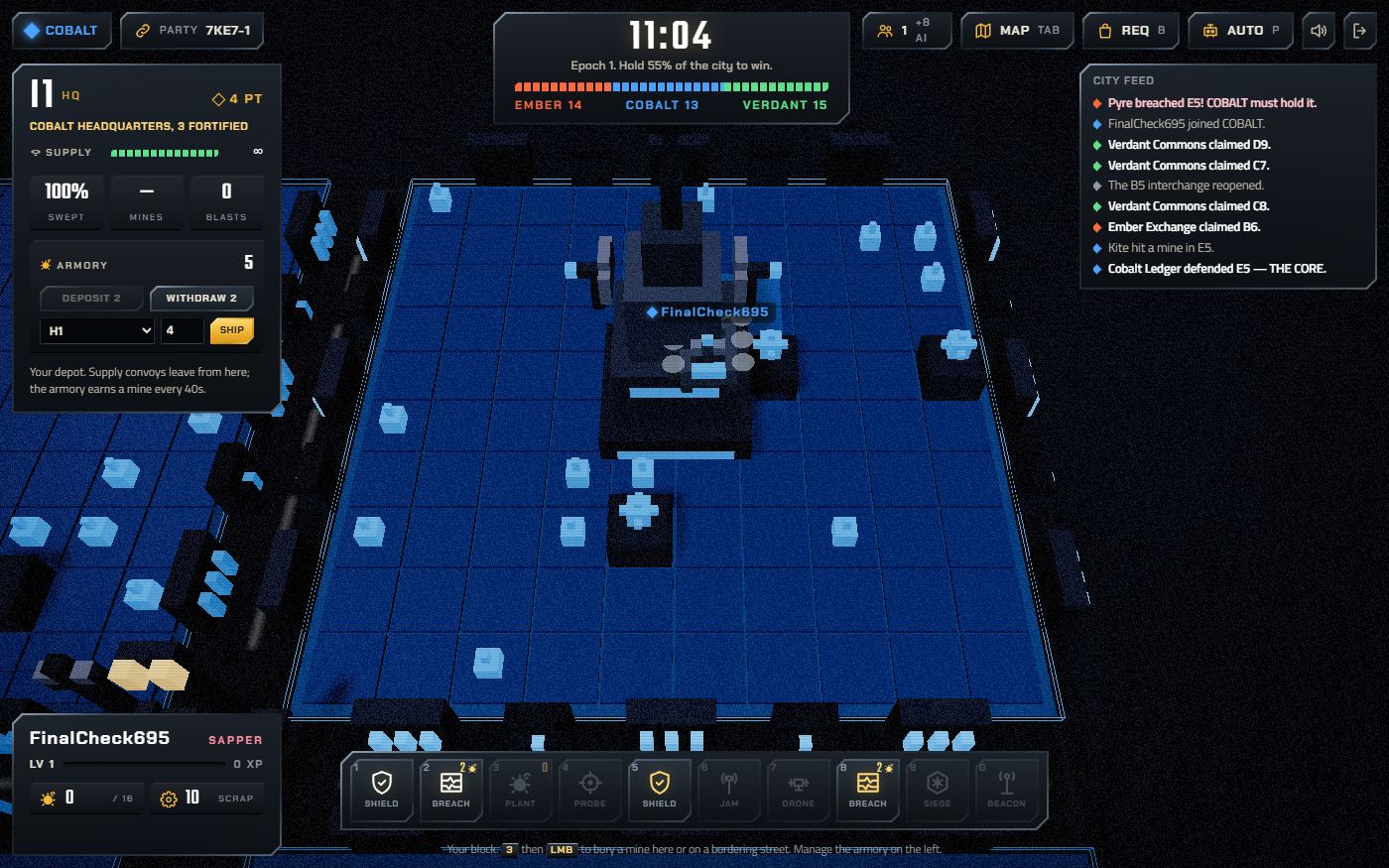 A woken block seen from above with its cells lit