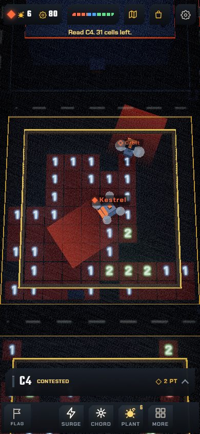 A board being read on a phone in portrait, with numbers and two drones on it