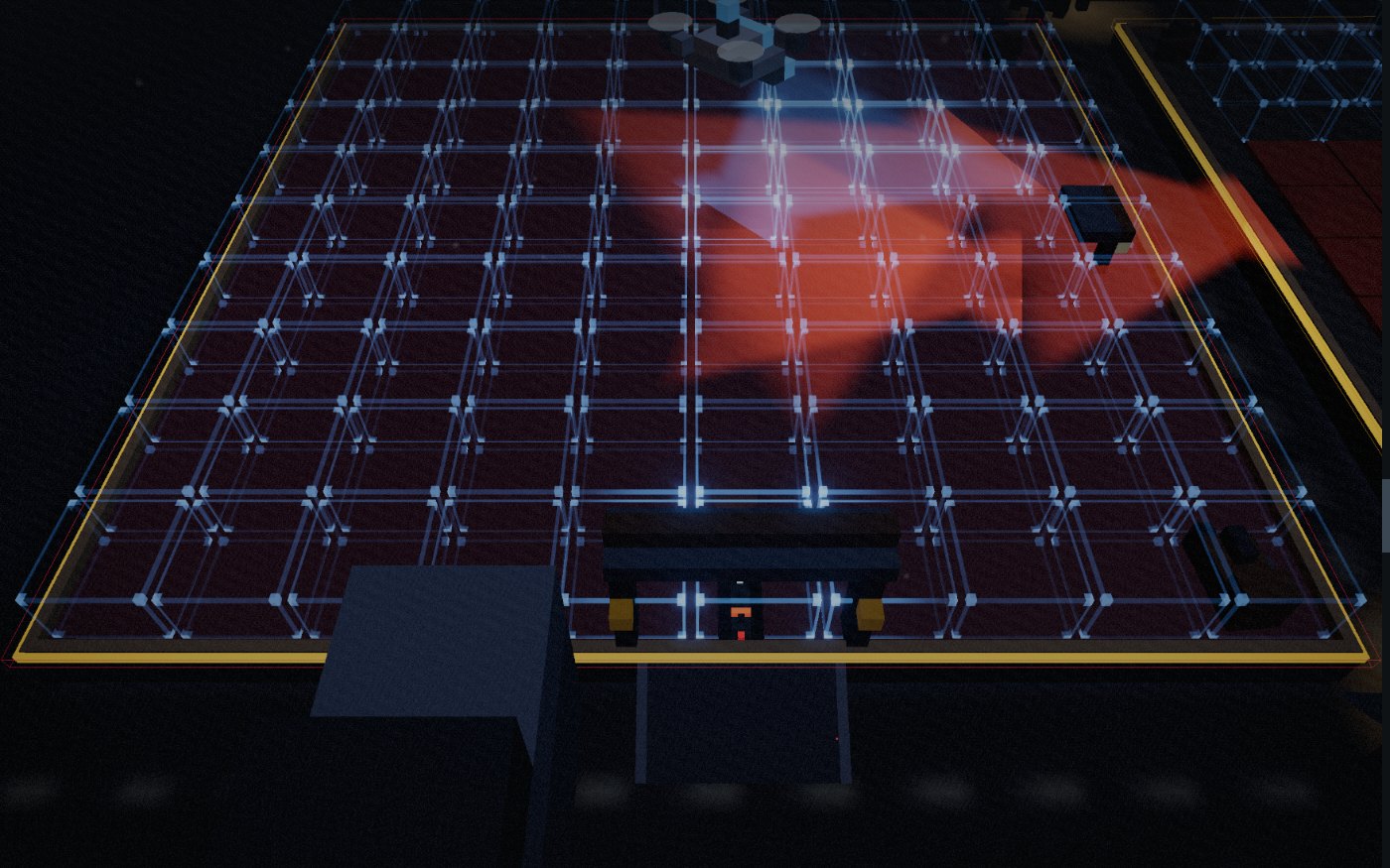 An Ember rover halfway up a dock ramp, the Cobalt block over it opened and lit red, and three Ember drones coming in over the roofs