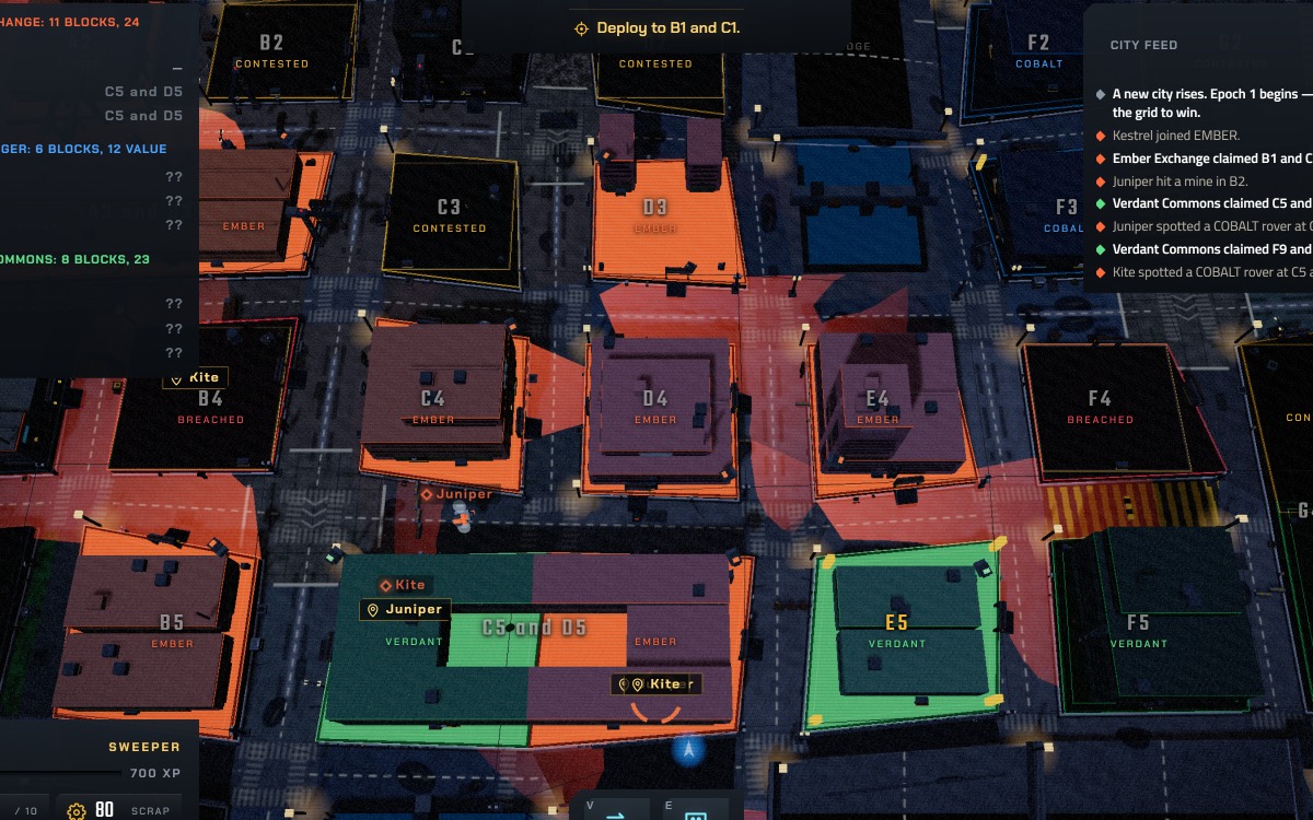 The city map with each block's face filled by what the lineages have read of it, camera cones lying on the streets, and a sweep ring rolling out of one held block