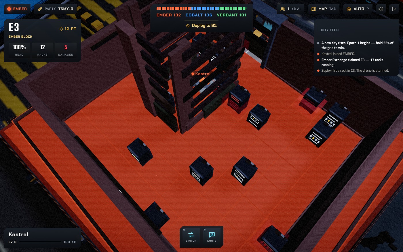 A block read open with rows of cabinets on its deck and some of them burning red on broken cells