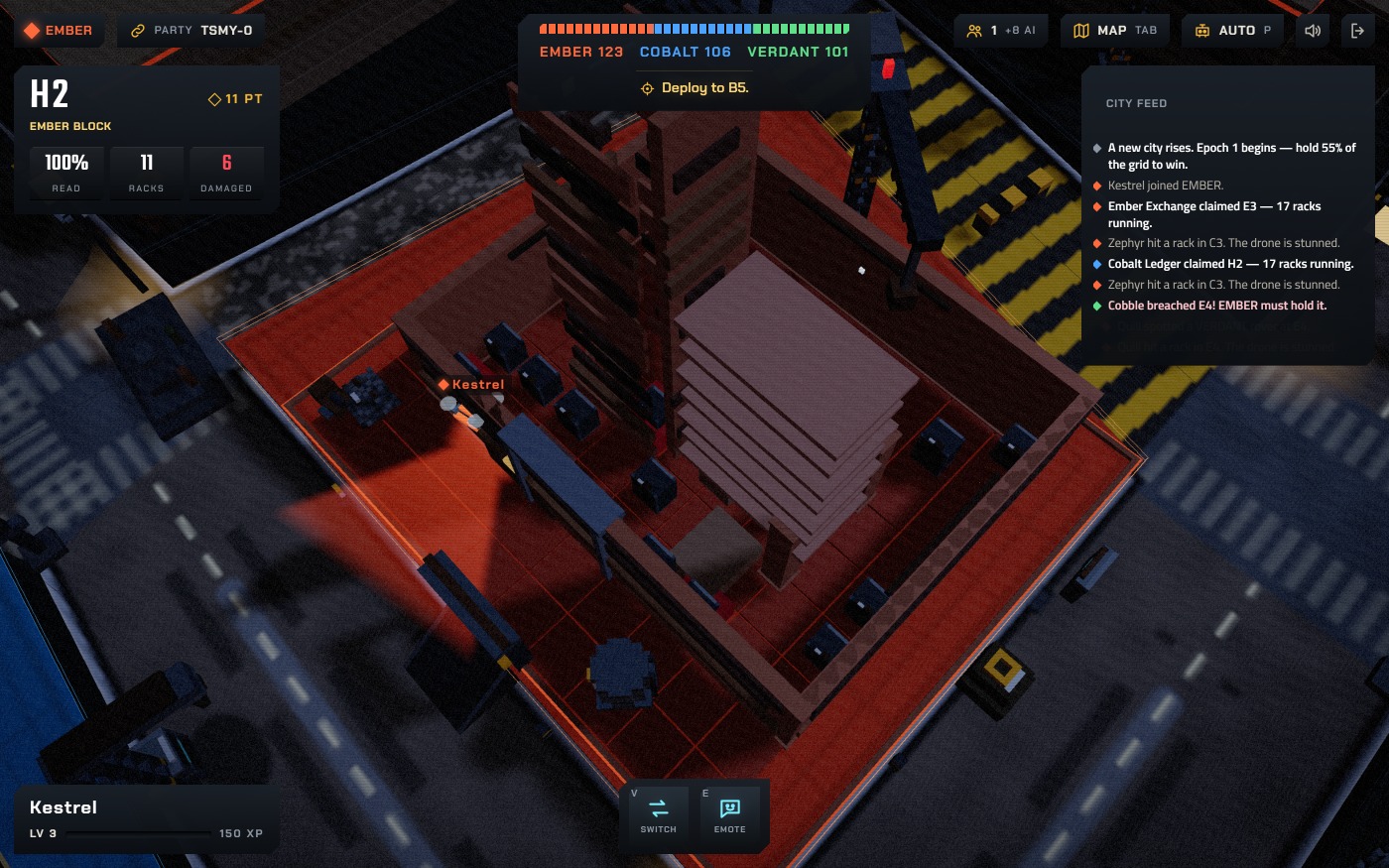 A held block looked down on, its cabinets in rows and six of them standing on broken red cells