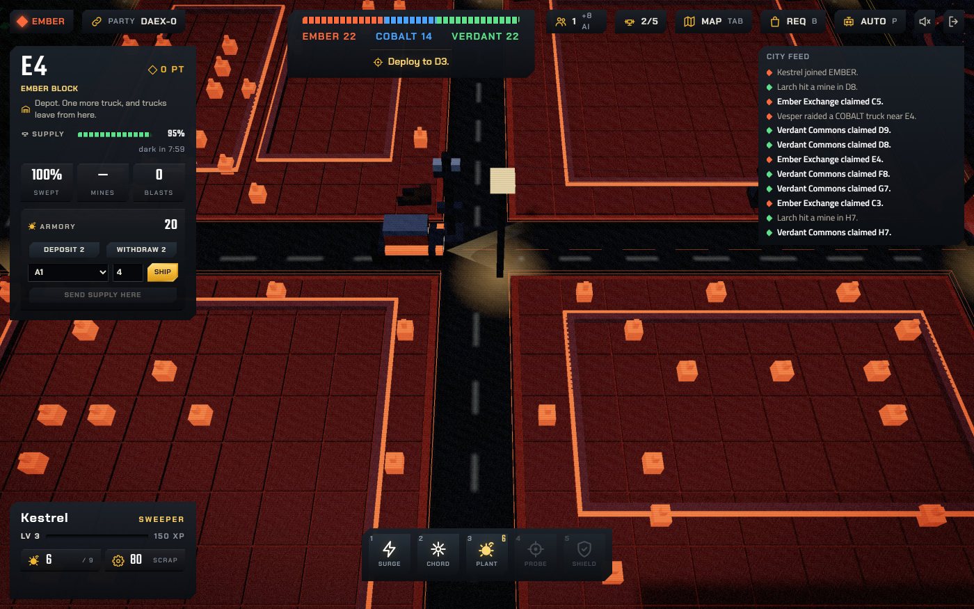 A truck coming up to a junction with awake Ember blocks around it